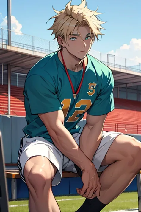 ((best quality)), ((masterpiece)), (detailed), perfect face light skinned boy with golden
blond hair that his a bit messy, he is sitting
outisde a 90s school football field. He has
green grey eyes and a friendly face, he lookes
a luttle bit suprised but no...