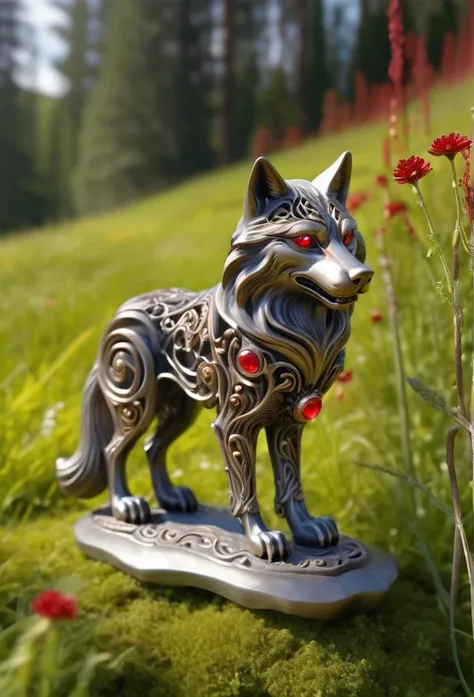 filigree openwork cast iron wolf figure with wavy metal whorls, completely transparent and sunny meadows , and red jewels are embedded in the eyes