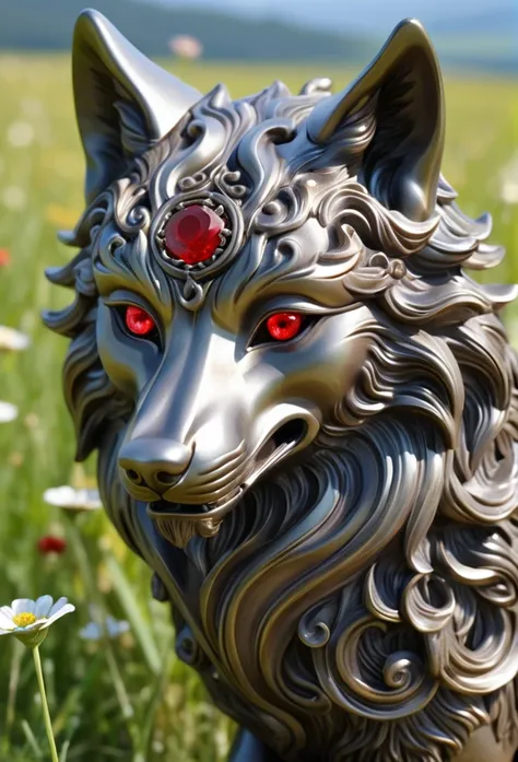 filigree openwork cast iron wolf figure with wavy metal whorls, completely transparent and sunny meadows , and red jewels are embedded in the eyes