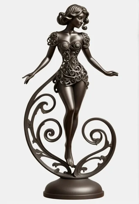 filigree openwork cast iron 1girl figure with wavy metal swirl, fully transparent, simple background,