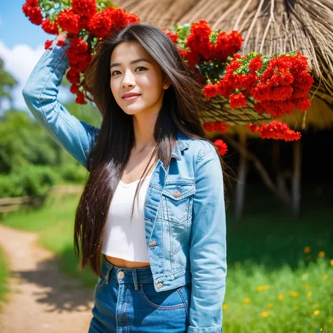 Young Asian woman with long, flowing hair, Looking straight ahead,) Focus on the face clearly,) The countryside outdoors has bright red flowers all around and an old thatched hut., wearing a blue leather jacket,black,)  Exaggerated colors cool action poses...