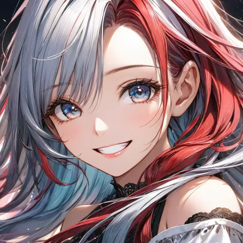 ((masterpiece)),((best quality)),((ultra detailed)),(extremely detailed),((absolutely resolution)) ,absurdres,8k, 1girl, close up face, grin, long hair, multicolored hair,