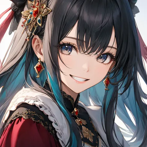 ((masterpiece)),((best quality)),((ultra detailed)),(extremely detailed),((absolutely resolution)) ,absurdres,8k, 1girl, close up face, grin, long hair, multicolored hair,