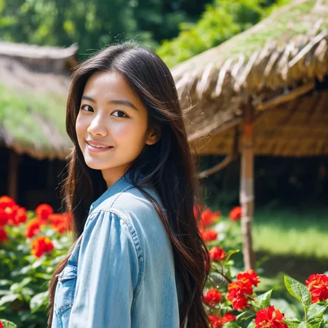 Young Asian woman with long, flowing hair, Looking at the camera,) Focus on the face clearly,) The countryside outdoors has bright red flowers all around and an old thatched hut., Wearing a blue jeans shirt,deep black,)  Exaggerated colors cool action pose...