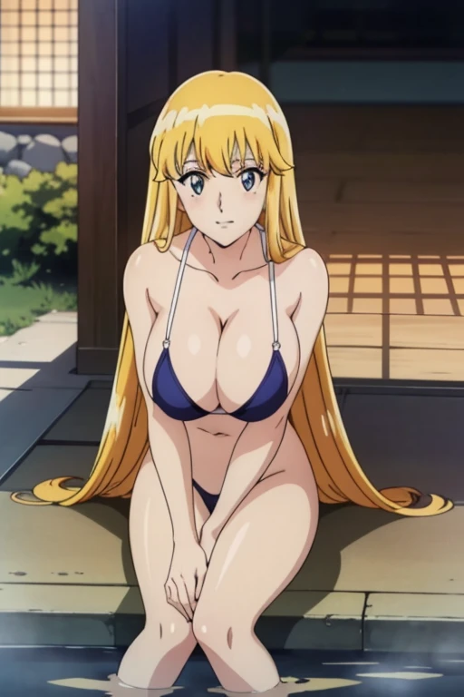 (anime cels style, Masterpiece, best quality, high resolution, anime colored, megami magazine:1.2, anime poster style, anime keyvisual, sharp, 8k, photorealistic), (beautiful eyes:1.5), reiko_aiwaifu, 1woman, milf, blond hair, long hair, (sagging huge brea...