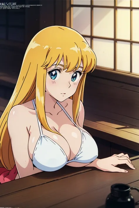 (anime cels style, Masterpiece, best quality, high resolution, anime colored, megami magazine:1.2, anime poster style, anime keyvisual, sharp, 8k, photorealistic), (beautiful eyes:1.5), reiko_aiwaifu, 1woman, milf, blond hair, long hair, (sagging huge brea...