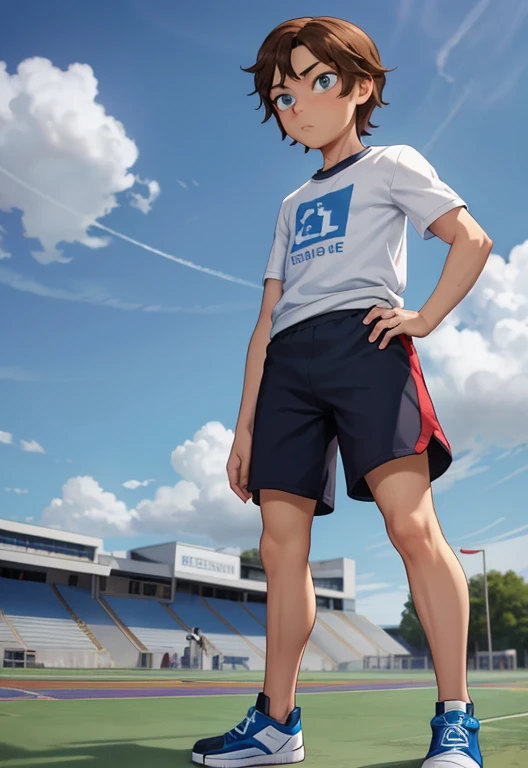 Masterpiece, high resolution, high quality, intricate details, full body portrait, front view, 1boy, solo, 13 years old boy, teenage male, short brown hair, blue eyes, looking at viewer, worried and uneasy expression, ((Wearing: White Gym T-shirt, Black Gy...