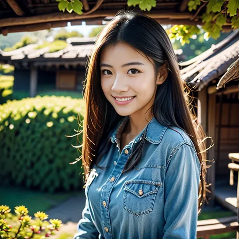 Young Asian woman with long, flowing hair, Looking at the camera,) Focus on the face clearly,) The countryside outdoors has bright red flowers all around and an old thatched hut., Wearing a tight blue jean jacket.,Smooth, shiny belly, floating waist.,)  Ex...