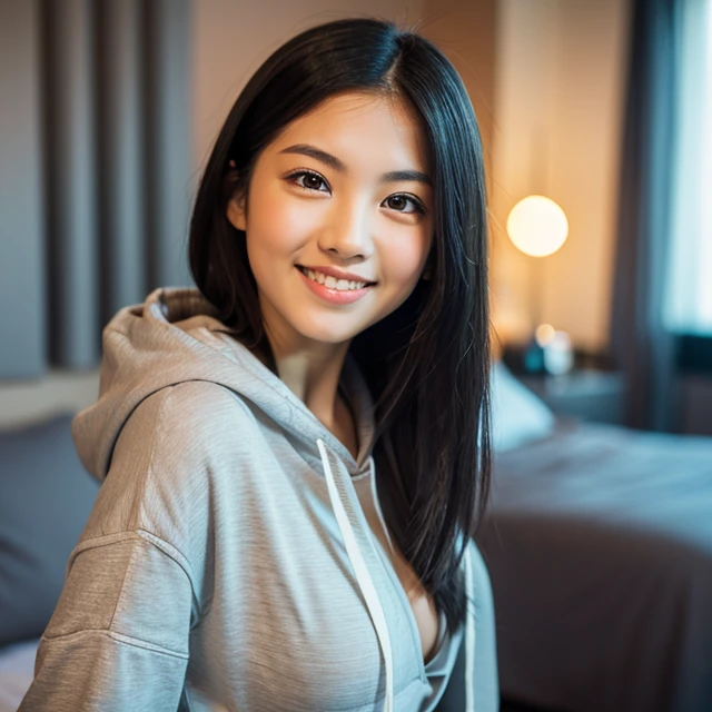 Generates an image of an attractive young girl with clear eyes and white Asian skin.Beautiful woman with perfect figure:Black Hair, wearing a casual gray hoodie, Highly detailed face and skin, double eyelid, Big Breasts, smile, Shoulder-length hair,Bedroom...