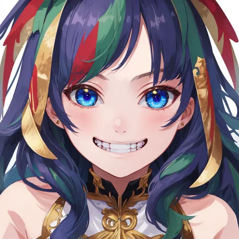 ((masterpiece)),((best quality)),((ultra detailed)),(extremely detailed),((absolutely resolution)) ,absurdres,8k, 1girl, close up face, grin, long hair, multicolored hair,