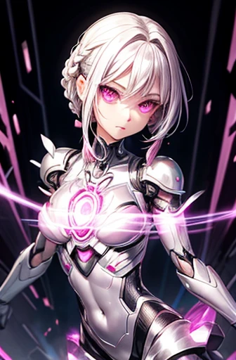 Silver braided short hair　Pink eyes　Pink glowing gem on chest　Slim body robot　woman　cyber style　Silver flared skirt　Upper Body　Long eyelashes　anger