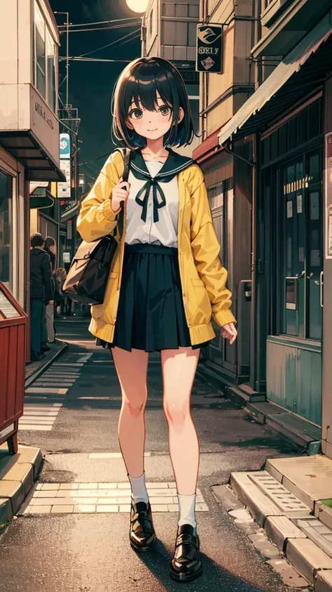 (masterpiece), (highest quality:1.4), (Ultra-high resolution:1.2),  Highly detailed background, (unity 8k wallpaper), Cute high school girl walking through the streets of Tokyo with headphones on。Illustrations inspired by city pop culture、tylish and nostal...