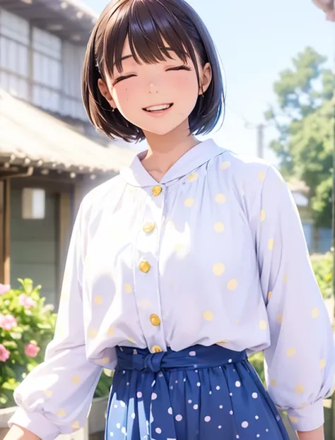 High resolution,In 8K,highest quality,detailed,Semi-realistic anime,Anime 3D Style,Smooth anime CG,One Girl,19-year-old woman in Japan,slim,Modeled,Shiny brown hair,Medium Hair,detailedな顔,Beautiful and detailed,Glowing Skin,((White and big blue polka dot s...