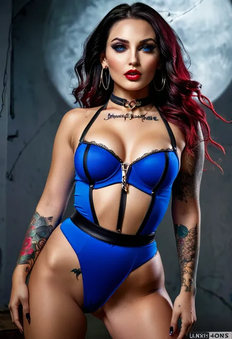 Hyper realistic photo perfect succubus vampire, sexy seductive facial features, tattooed face, smooth snow white skin, thin curved black eyebrows, Black eyeliner, dark black eye shadow, neon blue eyes, crazy eyes, thick black lipstick, curved lips, extreme...