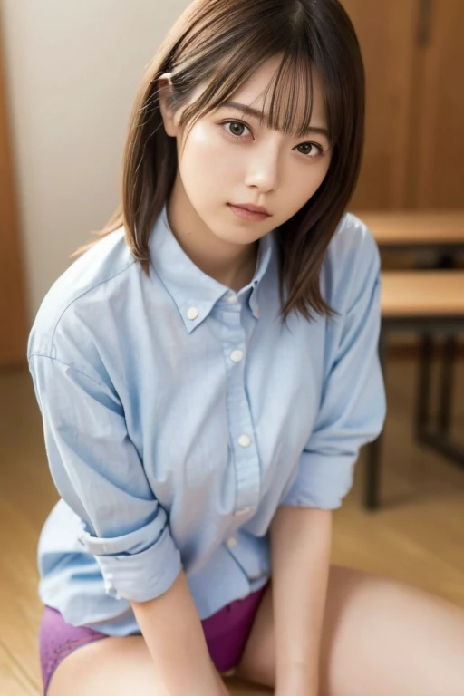 (Button-down shirt, panties: 1.2), ((highest quality, 8k, Tabletop: 1.3, RAW Photos)), Sharp focus: 1.2, (1. AESPA Girl :1.1), (alone: 1.1), (Realistic, Realistic: 1.37), (Face Focus: 1.1), Cute face, Ultra detailed face, Short, unkempt hair, Updo,Large Br...