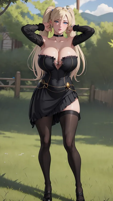 masterpiece, best quality, extremely detail 8k cg, high resolution, 1girl, narukouzumaki, twintails, wisker marks, blonde hair, blue eyes, perfect eyes, slim body, gigantic breasts, bursting breasts, lacasindress, black thighhighs, cleavage, outdoors, gard...