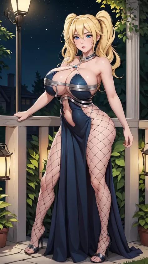 masterpiece, ultra high-quality, extremely detail 8k cg, high resolution, 1girl, narukouzumaki, twintails, wisker marks, blonde hair, blue eyes, perfect eyes, thin body, huge breasts, fakebreasts, evening gown, halterneck, criss-cross halter, tutututu, fis...