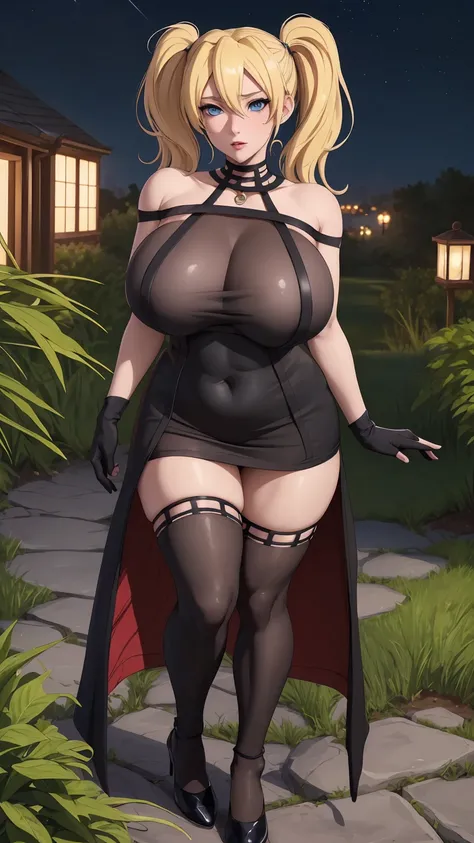 masterpiece, best quality, extremely detail 8k cg, high resolution, 1girl, narukouzumaki, twintails, wisker marks, blonde hair, blue eyes, perfect eyes, slim body, huge breasts, engorged-fc, veiny breasts, breast veins, veins, standing, black dress, black ...