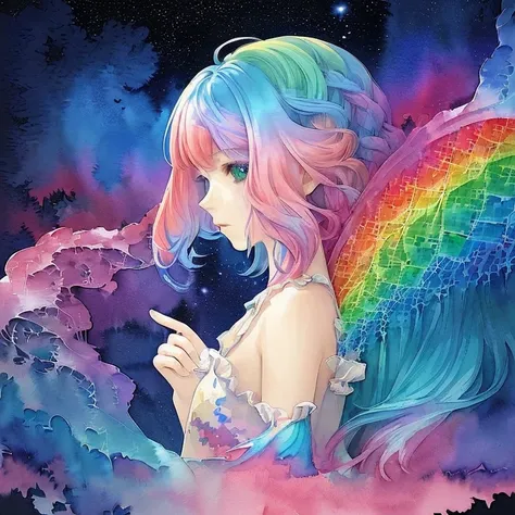 (masterpiece, highest quality, highest quality,watercolor (Moderate),Official Art, beautifully、aesthetic:1.2),(One girl:1.3), (Fractal Art:1.3),Upper Body, From the side, View your viewers,pattern,(Rainbow Hair,colorful hair,half blue、half pink hair:1.2),w...