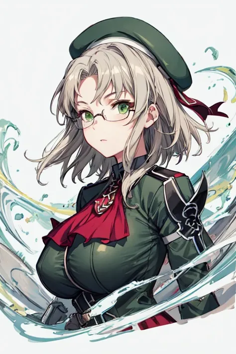 closeup, (portrait:1.3), solo, imu, (giant breasts:1.3), glasses, beret, red ascot, military uniform, white skirt, red thighhigh...