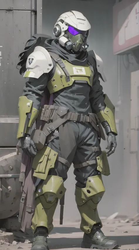 A post-apocalyptic style male survivor, has a white sci-fi helmet sallet, a respirator under the helmet, a closed trench coat, an arm with a black and purple sci-fi gauntlet, knee high boots, black pants, and three layers of torn olive green ponchos, style...