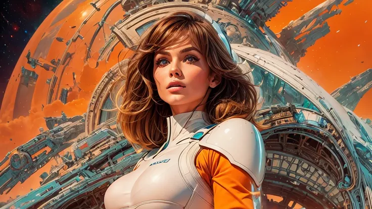 arafed image of a white woman in a futuristic suit with a spaceship in the background, movie art, in front of an orange background, inspired by Robert McGinnis, female protagonist, megastructure in the background, portrait of an ai astronaut, astronauts, a...