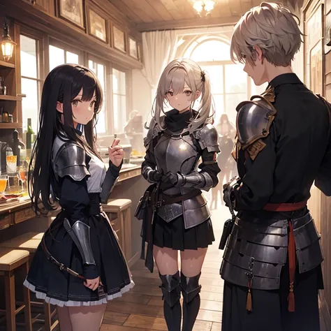 A group of young female knight, (in tavern), various hair styles, harem, wearing armored clothes, metal armor, night, details face, , short skirt, seducing, sword, sleeveless , night, starry night 