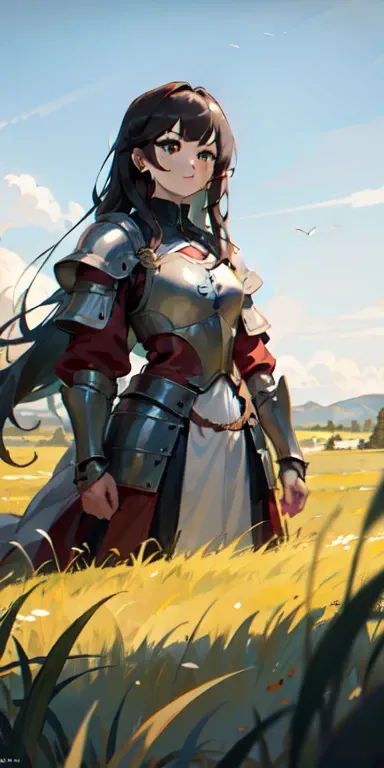 1girl, grasslands scenery, medieval armor