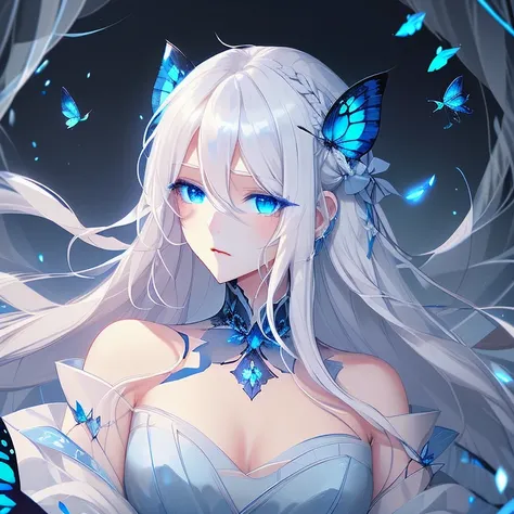 White Hair，Long Hair，Blue Eyes，dresoonlit Night，Blue Butterfly