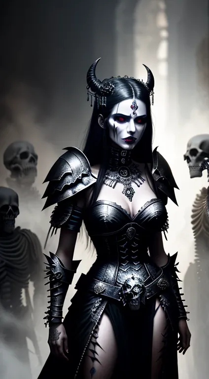 a woman standing in front of a bunch of skeletons, cyberpunk art, gothic art, aztec warrior goddess, satan in hell, a beautiful fantasy empress, hellcore, witchcore, she is approaching heaven, gothic makeup, death metal, ruler of inferno, boris villejo, be...