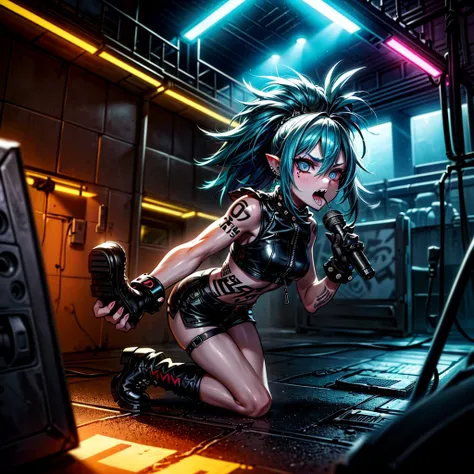 Cute punk rock snail girl,pale blue hair and eyes,paper white skin,muscular, eyeliner,black leather jacket,glowing blue tattoos,black leather boots,crop top,(best quality,highres,4k,masterpiece:1.2),ultra-detailed,portrait,graffiti,wild expression,skull ri...