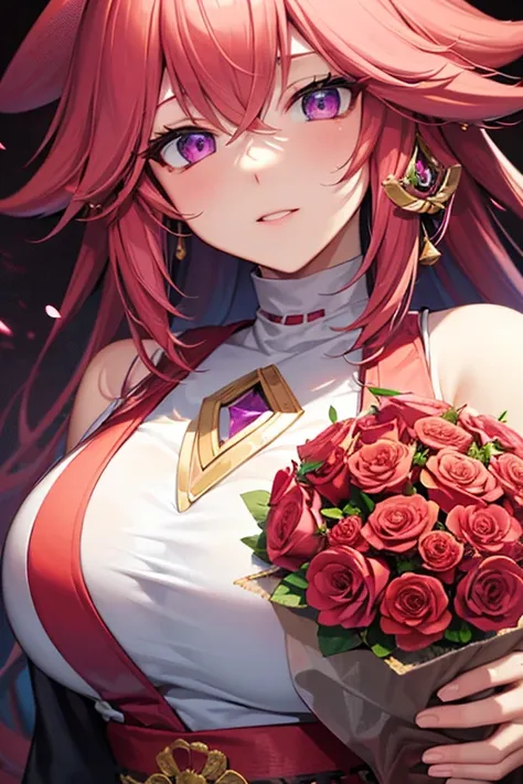 (ultra-Detailed Background, Detailed Background), Absurd, High resolution, Super detailed, Very detailed, One girl, Yae Miko, Pink Hair, Purple eyes, (bouquet:1.3), (Tangled:1.2), (Geometric:1.2),(colorful),