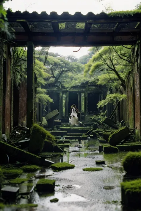 moss,Collapse,Devastation,Inside the ruins is narrow,Showa,Glasses,Women,adventure,Black and White,