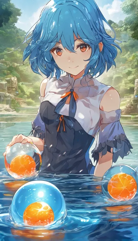 A blue-haired anime character holds an orange crystal ball while standing in water.