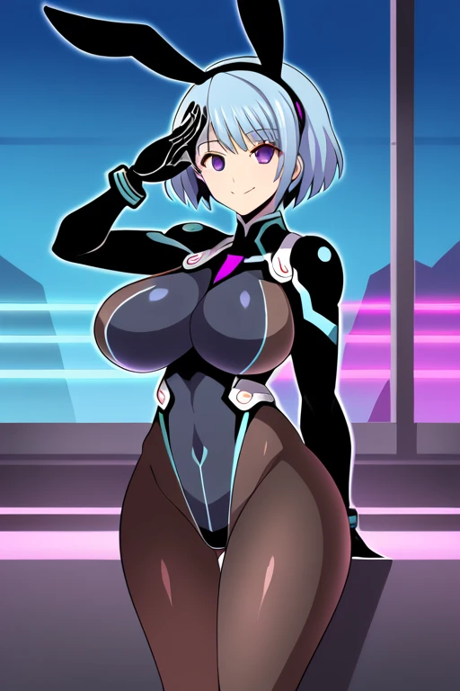 1girl, bunny ears, rabbit ears, large breasts, breasts, mature female, purple eyes, light smile, salute, saluting, smile, blue hair, very short hair, bodysuit, pantyhose, black pantyhose, white bodysuit, light blue hair, light skin, neon, neon trim, neon l...