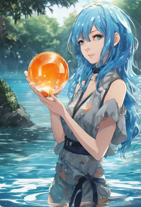 A blue-haired anime character holds an orange crystal ball while standing in the water..