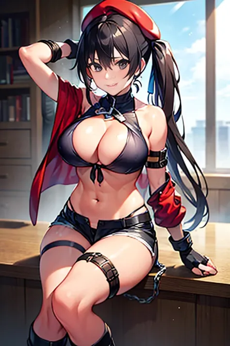 Thynasha,dark green hair,very long hair,(side ponytail:1.3),hair between eyes,bangs, (red beret, black jacket, open clothes, cleavage, midriff, black shorts, black thighhighs, thigh strap, fingerless gloves, single glove:1.2), Photo,sharpness, F1.6 lens,hy...