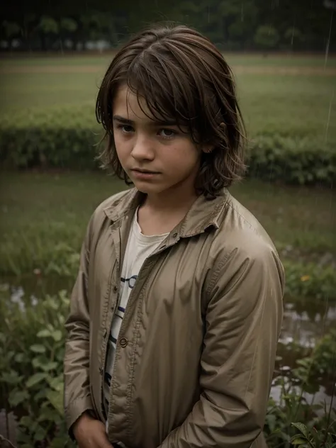 13 year old pensive melancholic boy in the field under stubborn rain male  with light brown hair clothes 1800s French  