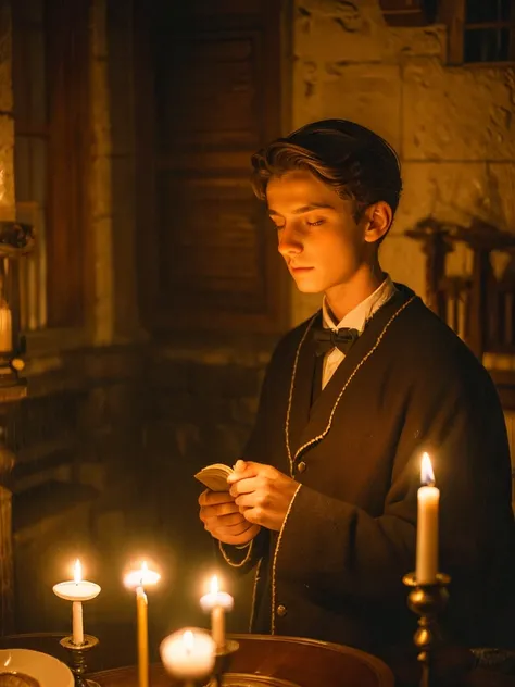 13 year old pensive melancholic boy at home in the light of several candles under persistent rain male  with light brown hair 1900s Italian clothing reading a book