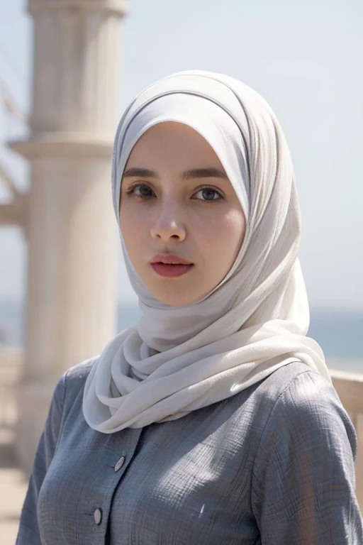 Masterpiece, top image quality, high resolution, solo presentation, Yemeni girl between 20 to 25 years old, wearing a beautiful white hijab and modest clothes, captivating black eyes, concise and direct, realistic yet creative and clever compositions. Unex...