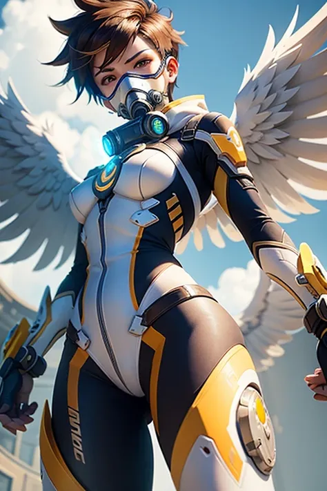 tracer (overwatch character), as an angel (2 bird wings), with dual blades (one each hand), wearing white gas mask (face hidden behind mask), full body view, focus on blades, dinamic pose, view from below, staring at viewer