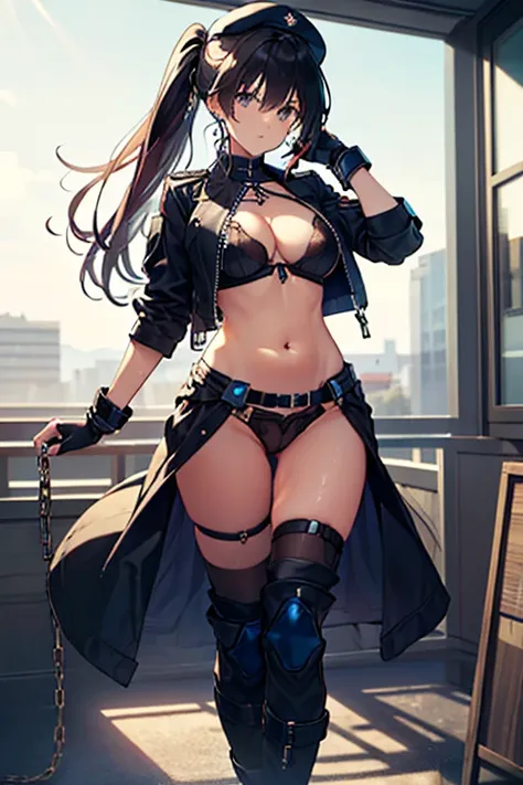 thynasha, 18yo girl Dark blue hair,long hair,ponytail,hair between eyes,bangs,outdoors,cityscape,standing,armor best,assault rifle,camouflage,holding weapon,load bearing vest,saide backpack,full body,best quality,masterpiece,highres,official art,extremely ...