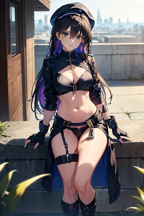 thynasha, 18yo girl Dark blue hair,long hair,ponytail,hair between eyes,bangs,outdoors,cityscape,standing,armor best,assault rifle,camouflage,holding weapon,load bearing vest,saide backpack,full body,best quality,masterpiece,highres,official art,extremely ...