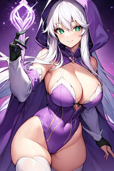 1girl, white hair, purple cape, purple hood, hood up, leotard, long hair, breasts, large breasts, hourglass figure, smile, green eyes, purple leotard, purple robe, robe, thighhighs, purple thighhighs, mature female, cleavage cutout, cleavage, shoulder pads...