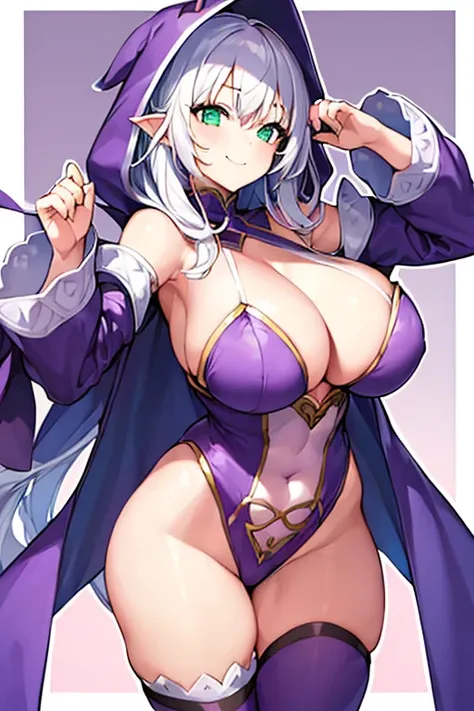 1girl, white hair, purple cape, purple hood, hood up, leotard, long hair, breasts, large breasts, hourglass figure, smile, green eyes, purple leotard, purple robe, robe, thighhighs, purple thighhighs, mature female, cleavage cutout, cleavage, shoulder pads...