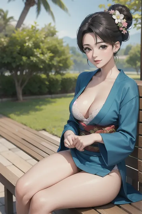 Yamashina Mizuho, masterpiece, best quality, an attractive sexy mature woman sitting on a bench in a kimono, 1girl, solo, japanese clothes, breasts, cleavage, kimono, no panties, female pubic hair, pussy, feet, nsfw, dress lift, spread legs, legs up, japan...