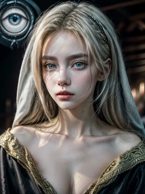 masterpiece，Best quality at best，A high resolution，8K，((Portrait))，(Head close-up)，Original photo，real photograph，digital photography，(Female adventurers in the medieval fantasy style)，(The Magician of the Fantasy World)，18-year-old girl，(Hair gradients of...