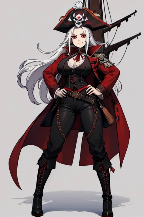 female, silver long hair with black highlights, red eyes, (((1girl))), (((red pirate coat with black accents))), (white pirate blouse), (black vest), (black pirate boots), (brown pants), (red pirate hat with white feather and black trim), cute and sexy, la...