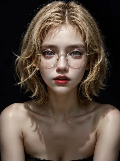 masterpiece，Best quality at best，A high resolution，8K，((Portrait)),1girl,short blonde hair,golden glasses, thick lips,red lips,light open her mouth,black crop top,upper body