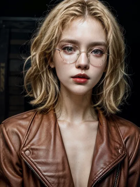 masterpiece，Best quality at best，A high resolution，8K，((Portrait)),1girl,short blonde hair,golden glasses, thick lips,red lips,light open her mouth,black tank top,leather jacket,upper body